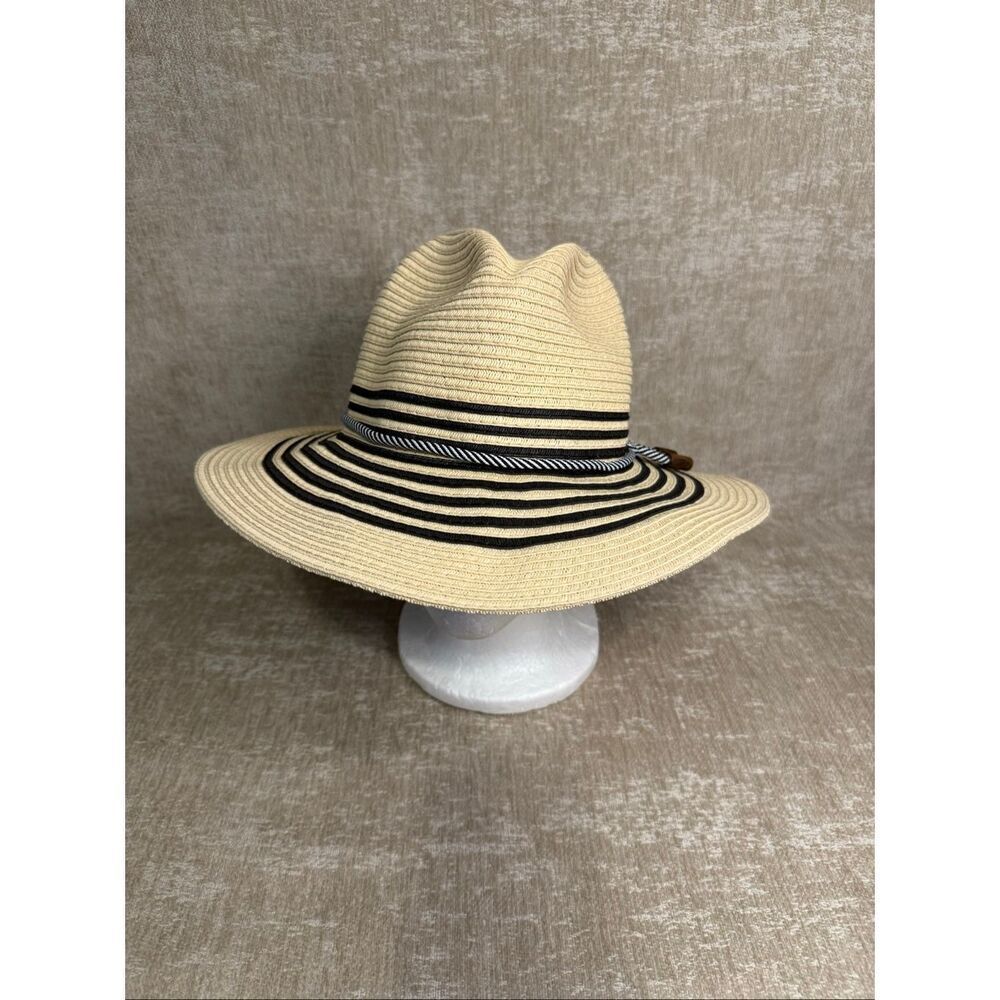 Tommy Bahama Women's Striped Woven UPF 50 Sun Straw Hat Beige Black One Size